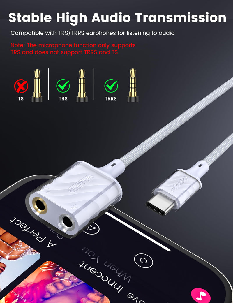 MOSWAG Type C External Sound Card, USB-C to Headphone Jack Adapter Sound Card, USB-C Microphone Headphone Adapter Compatible with MacBook, Chromebook, iPad Pro 2020, iPhone 16/15, Galaxy S24/ S23/ S22 1 Pack White