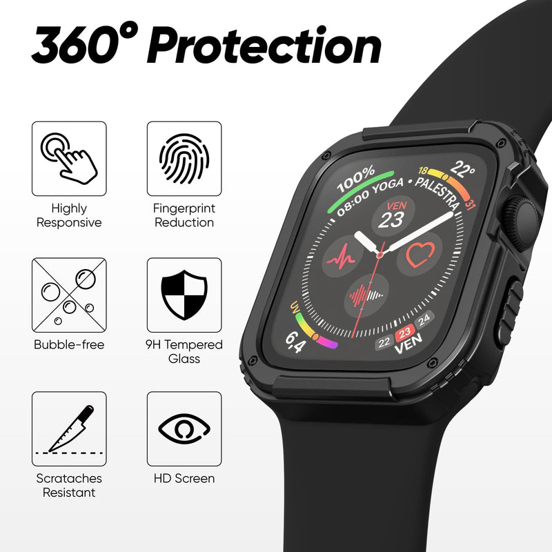 3-in-1 Silicone Band and Rugged Case Compatible for Apple Watch Bands 44mm 45mm 46mm 42mm 40mm 41mm, Sport Strap and Protective Cover with Screen Protector for iWatch Series 11 10 9 8 7 6 5 4 SE3 Black Series 6/5/4/SE 44mm