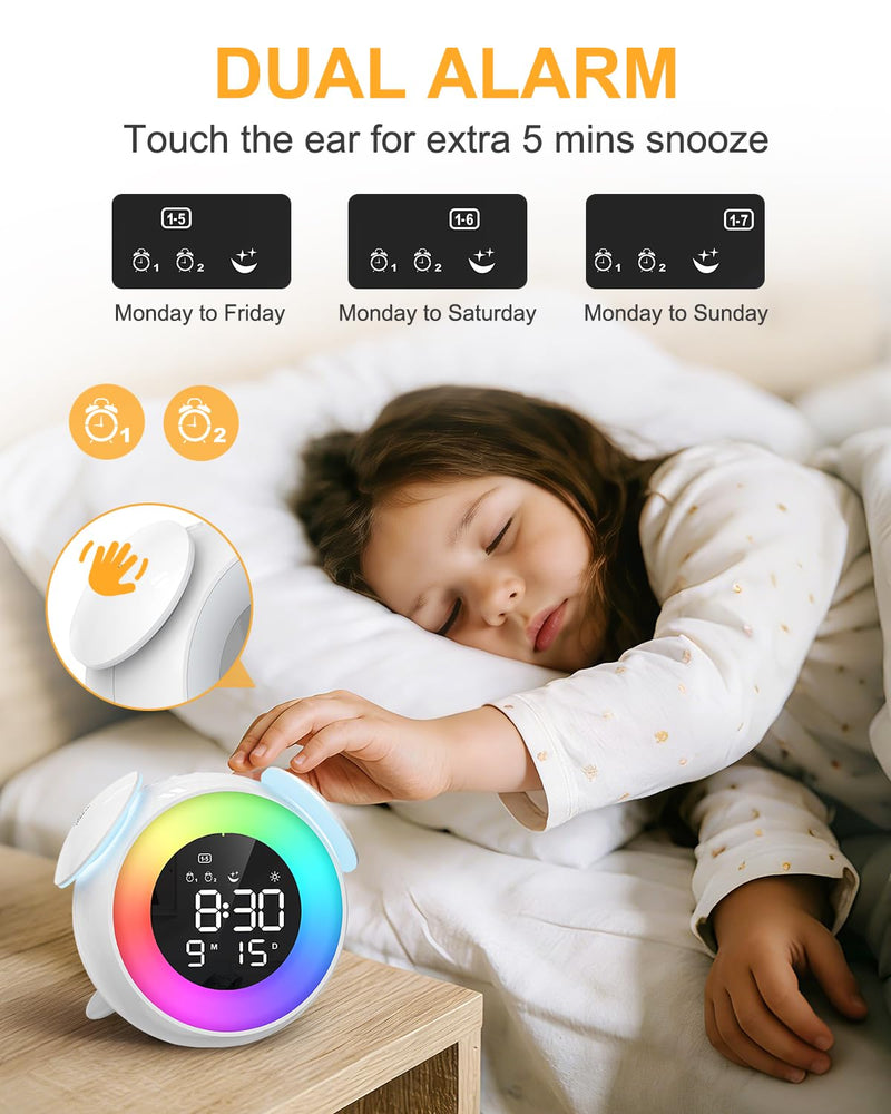 Kids Alarm Clock, Toddler Sleep Training Clock, OK to Wake Alarm Clock with 9 Colors Night Light, 7 Soothing Sounds, Dual Alarms, Birthday Gift for Boy Girls Children