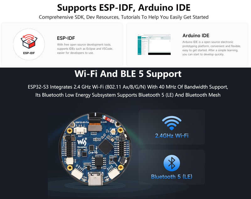 ESP32-S3 1.43inch AMOLED Display Development Board, 466×466 Resolution 16.7M Color QSPI Interface, ESP32 with Capacitive Touch AMOLED Round LCD, Support 2.4 GHz Wi-Fi and Bluetooth 5