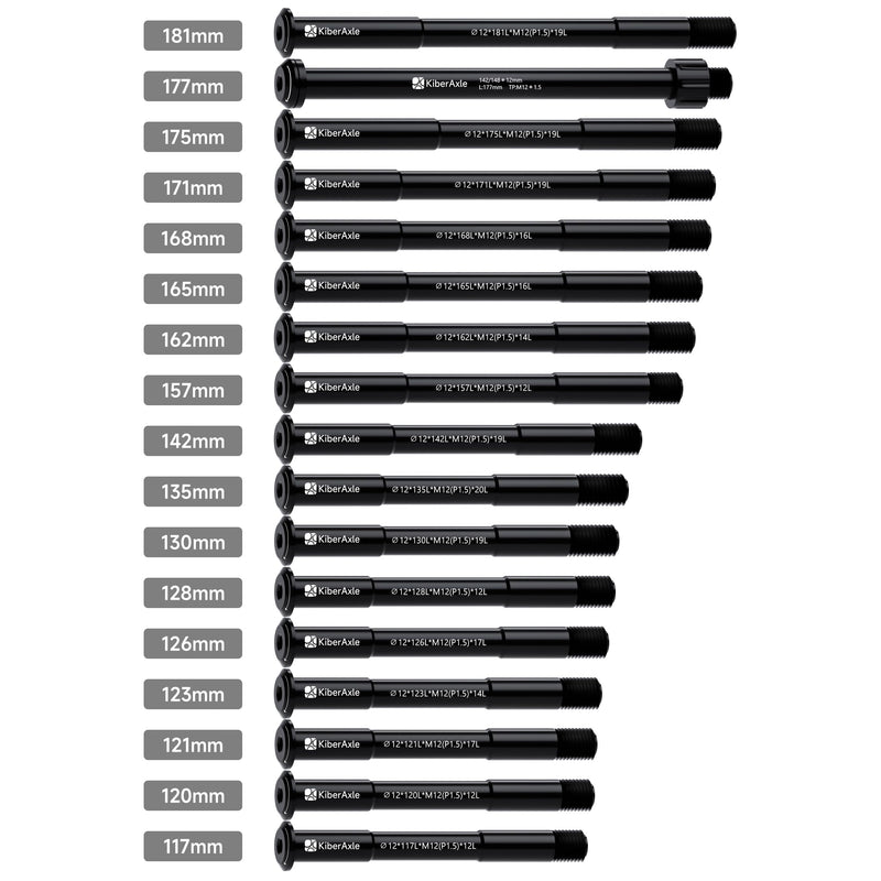 12mm Thru Axles for Bike Forks and Rear Shock, Hubs Adapter Axle, Thread Pitch: 1.5 mm ； Length: 117/120 / 121/123 / 126/128 / 130/135 / 142/157 / 162/165 / 168/171 / 175/177 / 181mm Tp:1.5mm - 12mm X 142mm