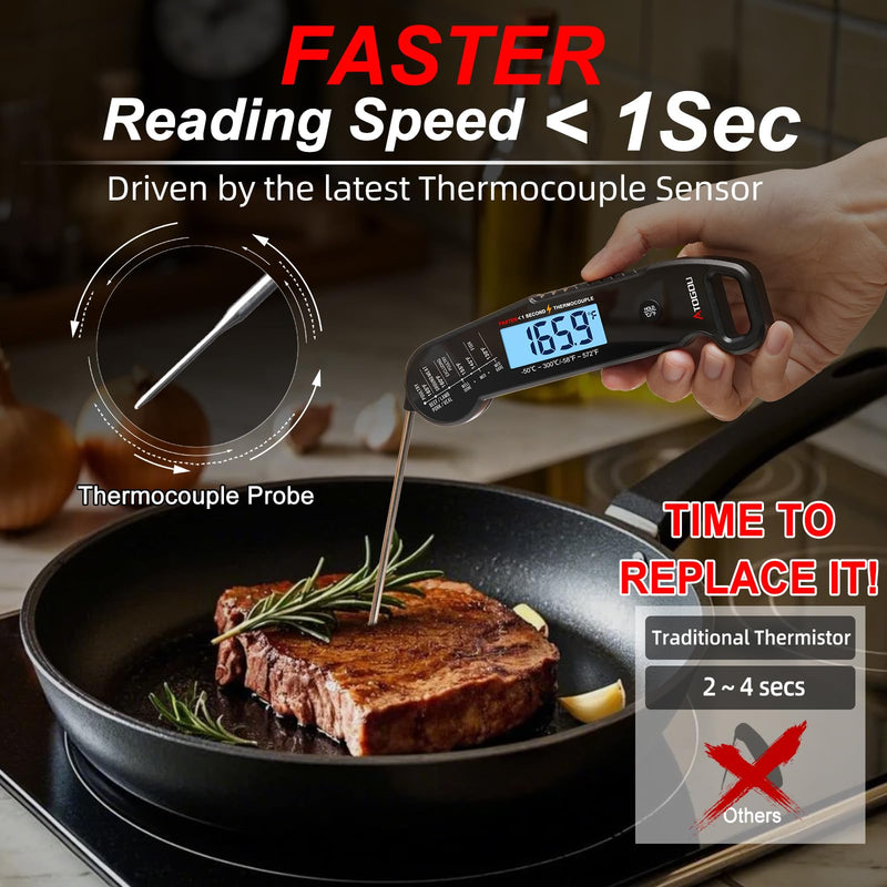 Professional Food & Meat Thermometer, 1 Sec Instant Read & ±0.5℉ Accuracy Driven by Thermocouple Sensor. IP67 Waterproof Digital Thermometer for Cooking, BBQ, Grill Gifts for Men Him Dad Birthday Black