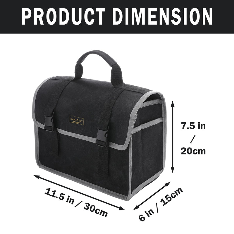 Tool Organizer Bag | 1 Large Pocket Storage Pouch & 2 Side Pockets & Canvas Handle, Heavy Duty 16oz Waxed Canvas Tote Bag, Reusable Tool Carrier for Hand Tools - 11.5"L x 6"W x 7.5"H - Black