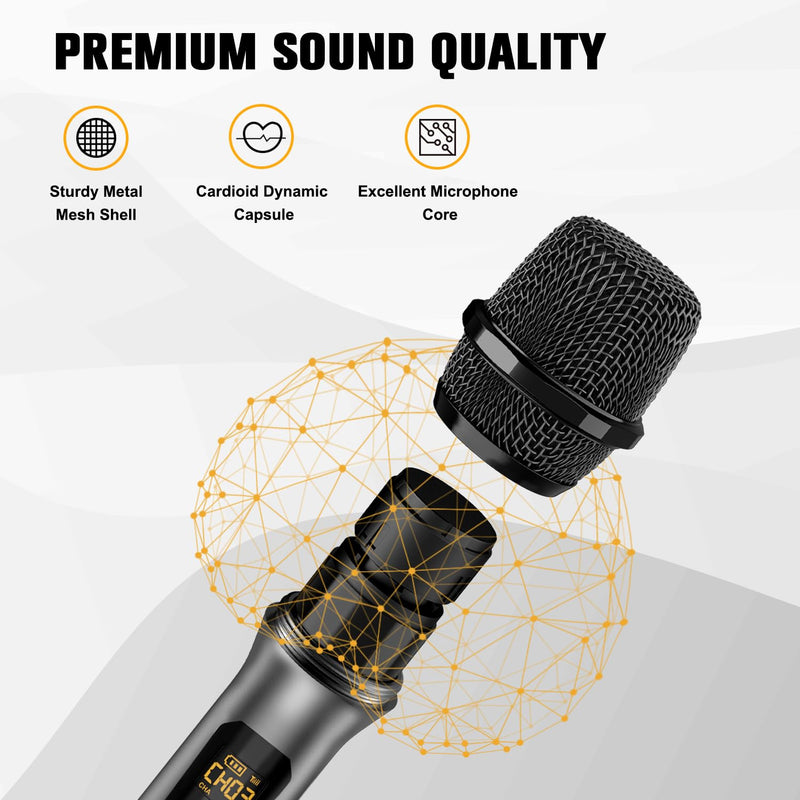 VeGue Wireless Microphone, UHF Cordless Dual Handheld Dynamic Mic Set with Rechargeable Receiver, for Karaoke Party, Voice Amplifier, PA System, Singing Machine, Church, Wedding, Meeting, 200ft (WM-2) Black
