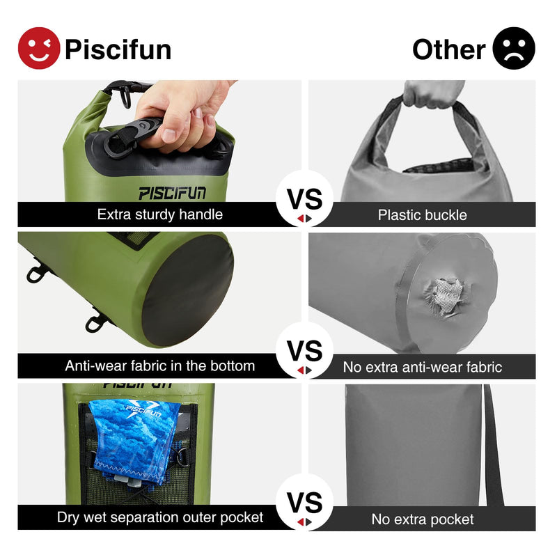 Piscifun Dry Bag, Waterproof Floating Backpack 10L/20L/30L/40L with Waterproof Phone Case for Boating, Kayaking, Fishing Army Green