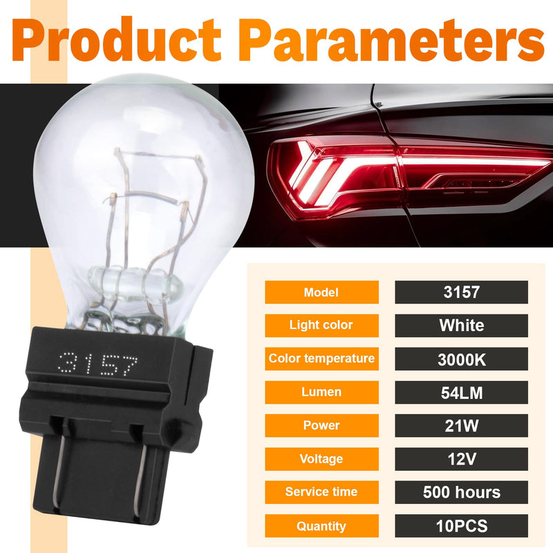 10 PCS 3157 Tail Light Bulb, Miniature Brake Light Bulb, Waterproof Turn Signal Bulb, Automotive Side Marker Tail Light Replacement for Truck SUV Car (White)