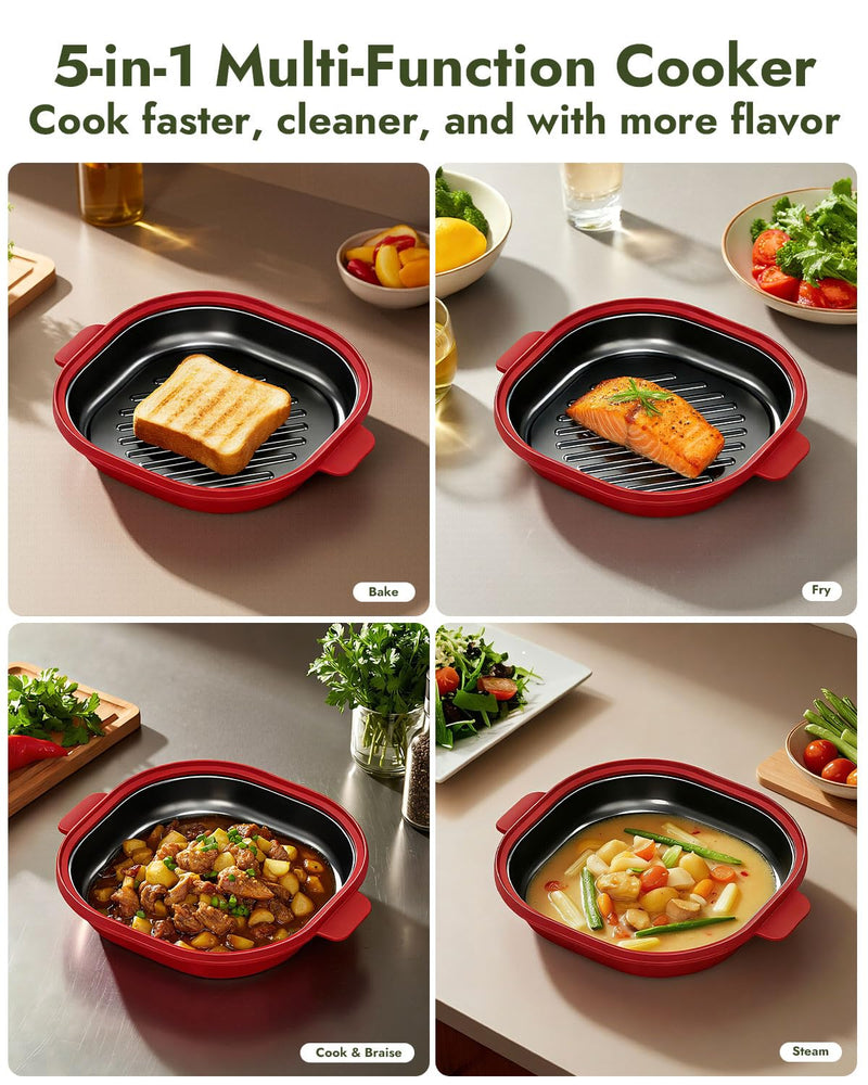 Microwave Grill Pan - Get Real Grill Marks in 5 Minutes, Multi-Cooker (Bake/Fry/Steam) for Steak, Bacon & Veggies. Nonstick, Dishwasher Safe for RV/Dorm/Office Use, Includes Brush