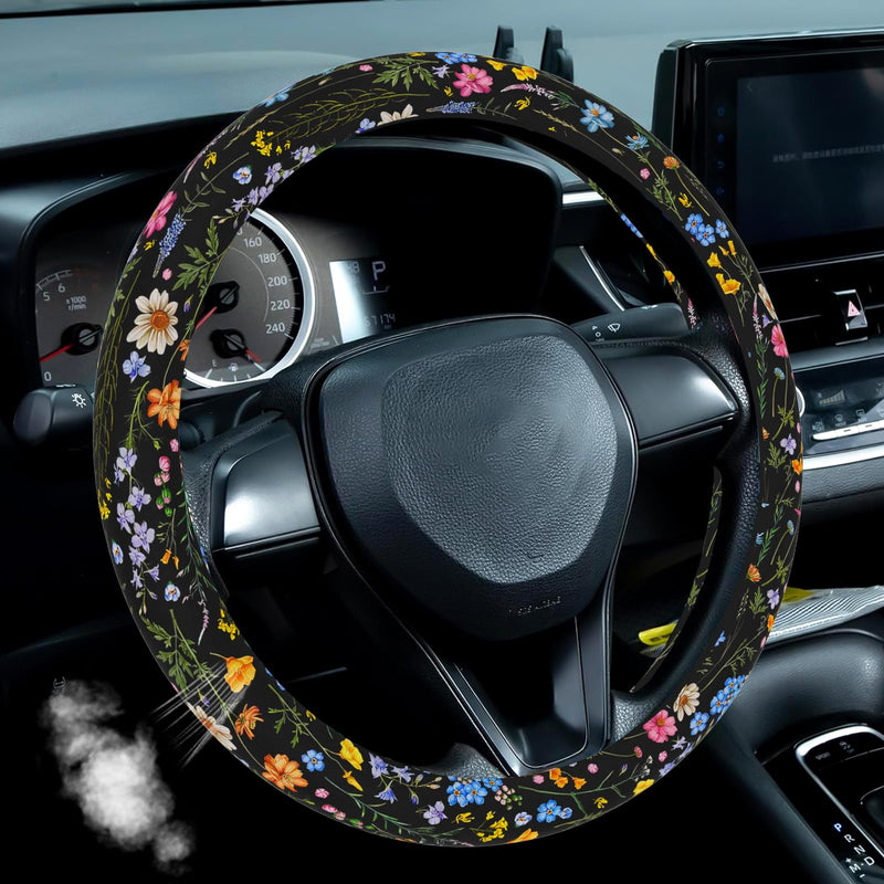 Wildflower Car Steering Wheel Cover, Flower Car Accessory for Diverse Cars, Cute Floral Print Steering Wheel Cover Protector for Women, for Steering Wheel with a Diameter of 14.5"-15" (Wildflower) Wildflower