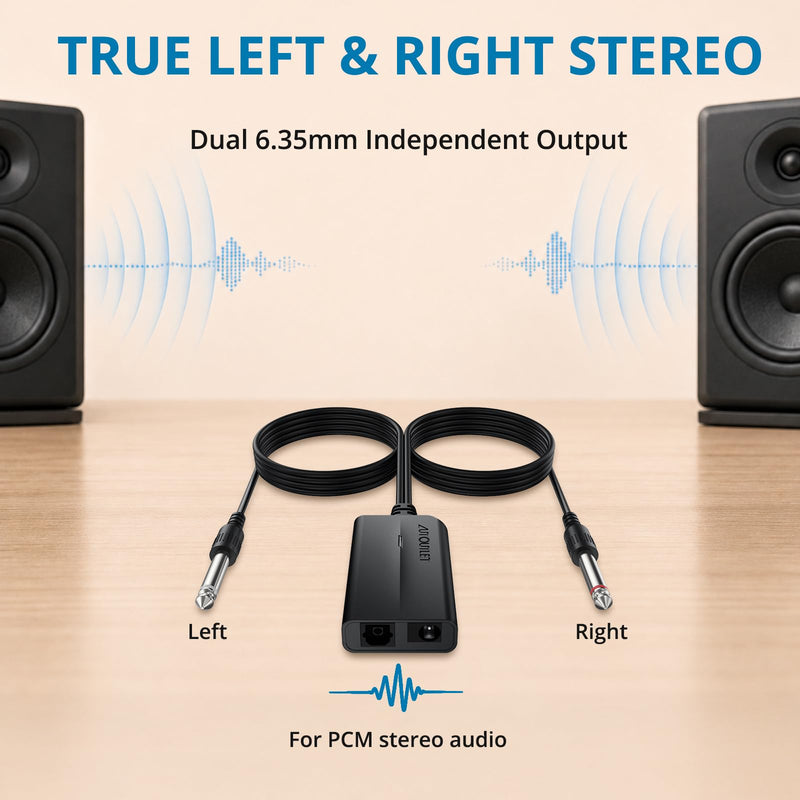 AUTOUTLET Optical to Dual 6.35mm Converter, 192kHz Toslink SPDIF to Dual 1/4" Male Stereo Analog Audio Adapter with Integrated Cable and Optical Cable for Amplifier, Powered Speaker, Mixer