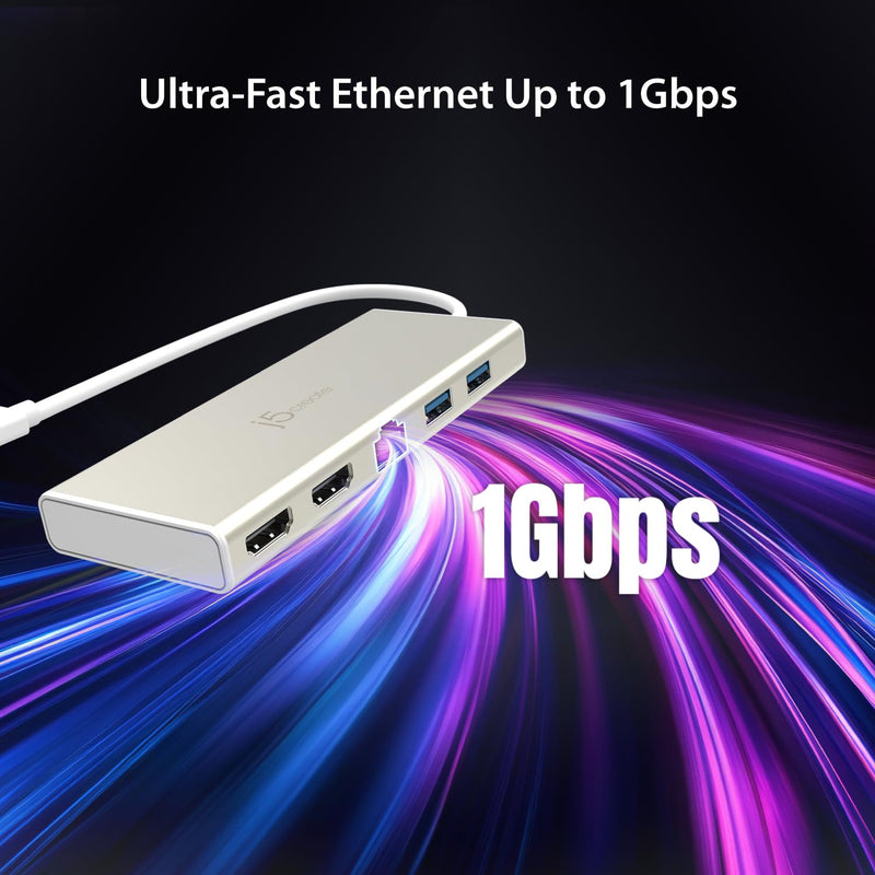 j5create USB-C Mini Dock- Type C Hub with 2X HDMI, 2X USB 3.0, Ethernet, Power Delivery 2.0 (JCD381)