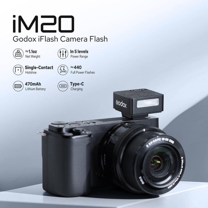 Godox iM20 Camera Flash, Mini Flash Speedlite, 440 Full Power Flashes, Built in Lithium Battery, 5 Power Levels, Single Contact Hot Shoe Design, Compatible for Canon Sony Fuji Nikon Panasonic Olympus