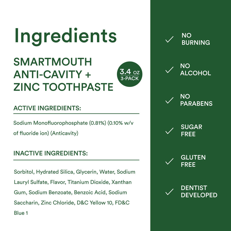 SmartMouth Anti-Cavity + Zinc Toothpaste - Fluoride for Cavity Prevention - Remineralizes Enamel - Sensitive Whitening - Alcohol-Free, Sugar-Free & Gluten-Free - 3.4 oz, 3-Pack