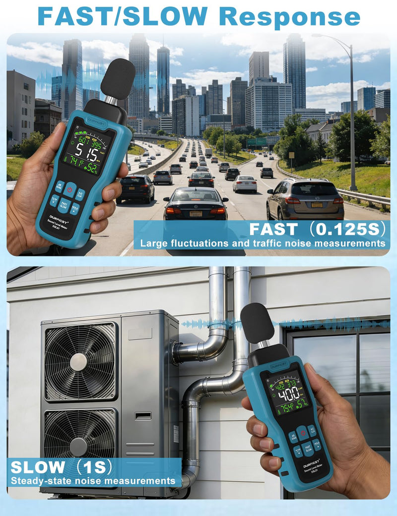 Decibel Meter, DURFICST Sound Level Meter 30-130dB, SPL Meter with Temperature & Humidity, A/C Weighted DB Meter with dB/SONE, Fast/Slow, MAX/MIN, for Home, Office, Factory, Neighbor Noise