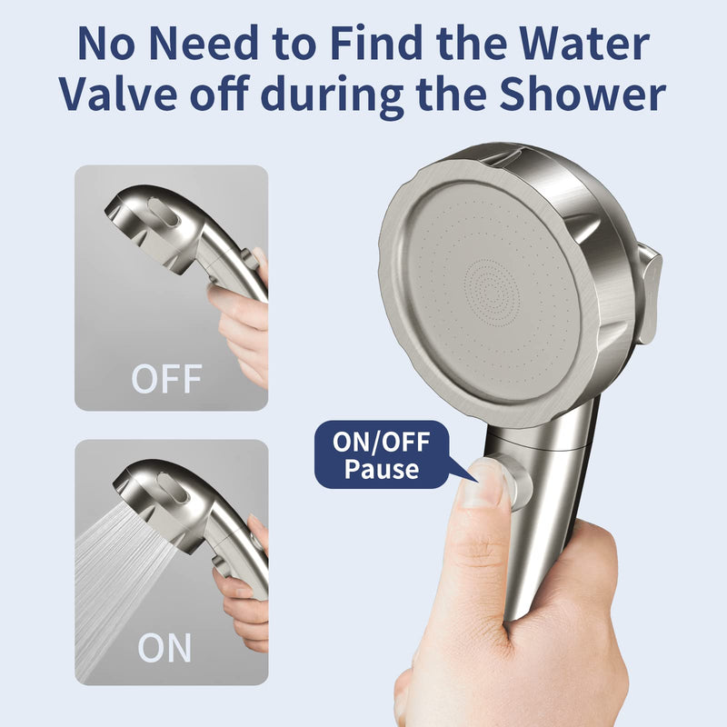 HANLIAN High Pressure Shower Head with Pause Button, 3 Spray Modes Shower Head for RV Camper, Water Saving On Off Shower, Handheld Shower Head with Hose and Self-adhesive Holder (Brushed Nickel) Brushed Nickel