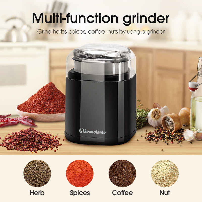 Herb Grinder Spice Grinder, 200 w Herb Grinder with Stainless Steel Blade and Cleaning Brush, Compact Size Electric Grinder for Herbs and Spices -5.11in (Black) Black