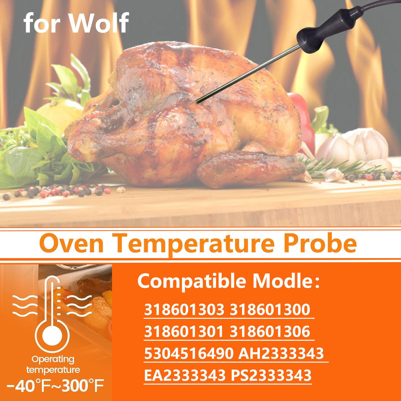 Wolf Oven Temperature Probe 318601302 26in Food-Grade Silicore Wire & 304 Stainless Steel, High Accuracy +/-0.05% Genuine Replacement for Model 5304503737