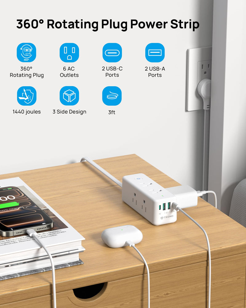 TROND Surge Protector Power Strip with 360 Rotating Flat Plug, White | 3ft Extension Cord, 6 Widely Spaced Outlets and 2 USB-C PD20W Ports, 1440J Surge Protector for Home Office Dorm Essentials