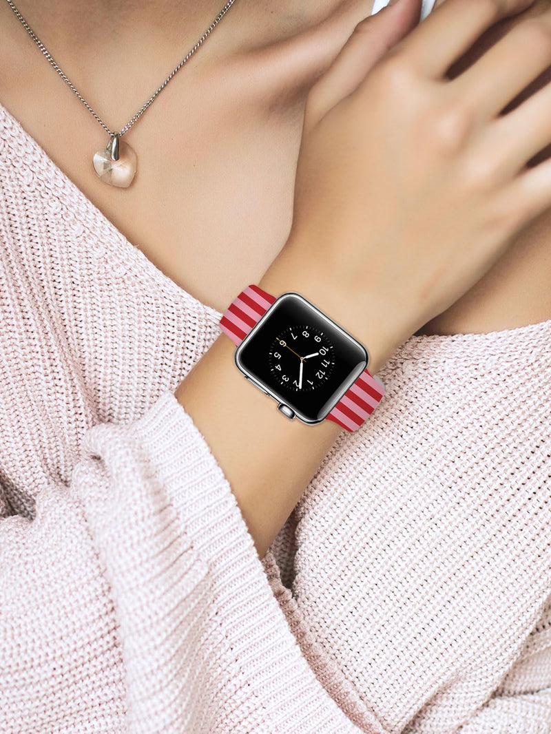 Cute Watch Band Compatible with Apple Watch for Cherry Bow Watch Strap Women, Soft Silicone Compatible with iwatch Series 11 10 9 8 7 6 5 4 3 2 1 SE Ultra 38 40 41 42 44 45 46 49mm Striped - red 38mm/40mm/41mm/42mm(Series 11 10)