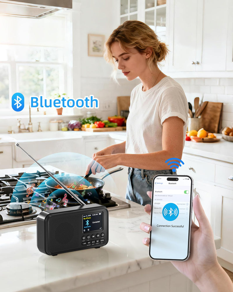 Mesqool FM Radio, Portable Radio with Bluetooth & NOAA Weather Alert | Auto Scan, 40 Presets, 8W Sound, 2.4" Color Display, USB-C Charging, microSD Playback, Dual Alarms, Sleep Timer, 6 EQ Modes Black