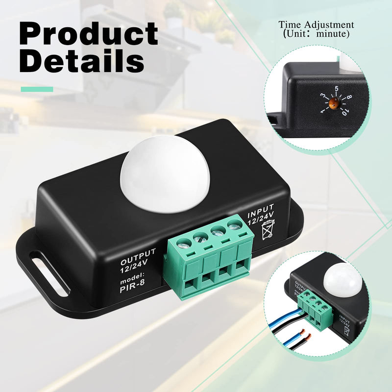 6 Pack 12V 24V PIR Sensor LED Motion Sensor Motion Detector Light Switch Body Infrared Sensing Timer Function Sign Control PIR Controllerfor Flexible LED Strip Lights(Black) Black