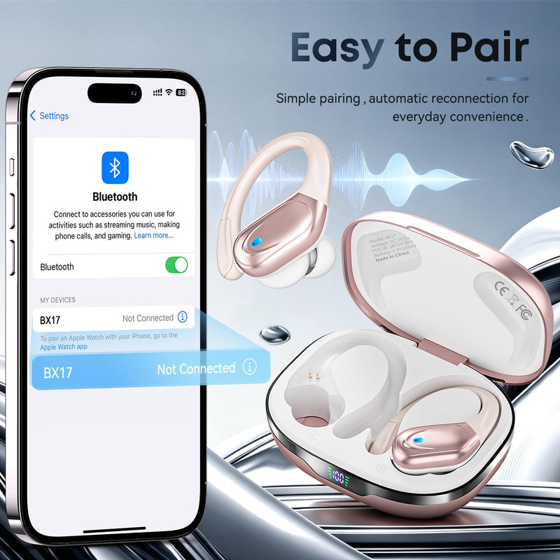 HAOYUYAN Sports Bluetooth Headphones, 80Hrs Playtime Wireless Earbuds with LED Power Display, IPX7 Waterproof Earphones for Workout/Running, Noise Canceling Headset Ear Buds Rose Gold