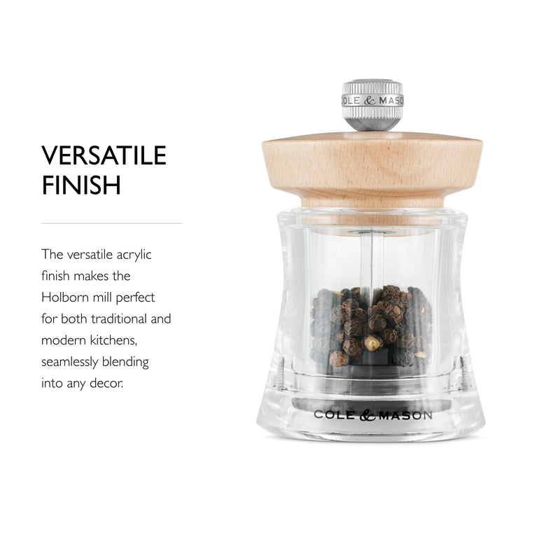 Cole & Mason Holborn Acrylic - Compact Hand Grinder - Acrylic Kitchen Tool with Adjustable Grind Setting - Easy-to-Clean Grinder with Premium Design - Natural Beech Pepper Mill, 3.75"