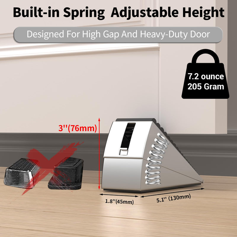 ZDZQJIA Heavy Duty Door Stoppers for Bottom of Door -Adjustable Spring Large Door Stop Wedge, Anti-Slip Rubber Grip,3" High Metal Doorstop Suits Carpet,Tile,Commercial,Home-Silver4Pc+4 Wall Protectors Silver4Pc