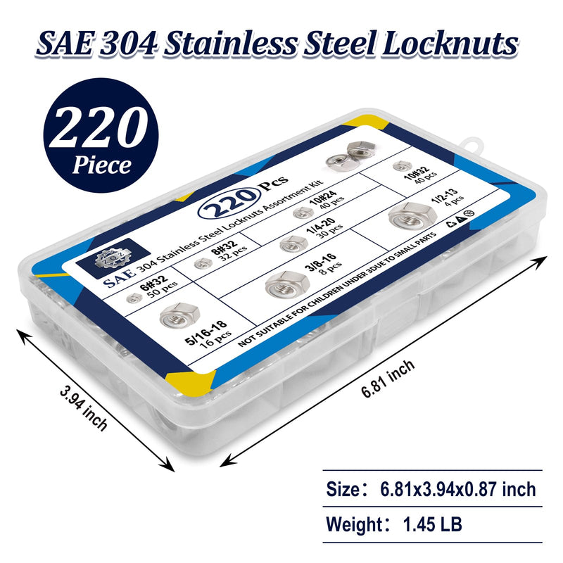 ZQZ 220 Pack SAE Nylon Insert Locknuts Assortment Kit,6#32 8#32 10#24 10#32 1/4"-20 5/16"-18 3/8"-16 1/2"-13 Nylock Nuts Sets,304 Stainless Steel Standard Inch Threaded Lock Nuts SAE Assortment; 220pcs Silver