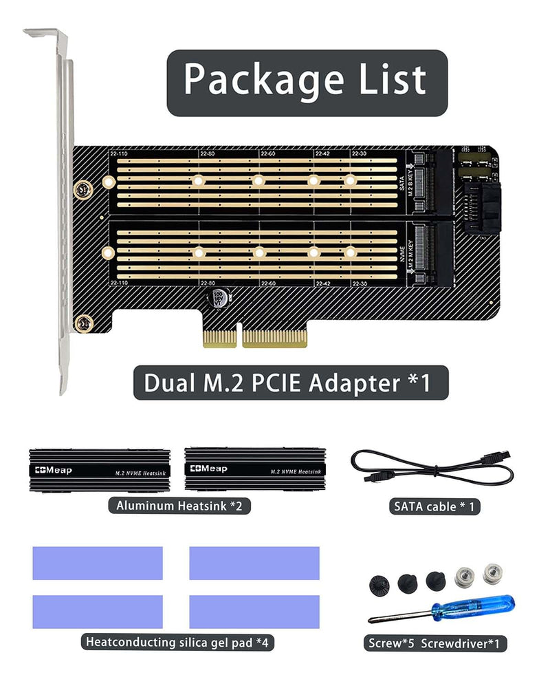 COMeap Dual M.2 PCIE Adapter，M.2 SSD NVME (M Key) and SATA (B Key) Adapter with Heatsink for One M.2 NVMe and One SATA SSD 22110/2280/2260/2242/2230 to PCI-e 3.0 x4 Host Controller Expansion Card