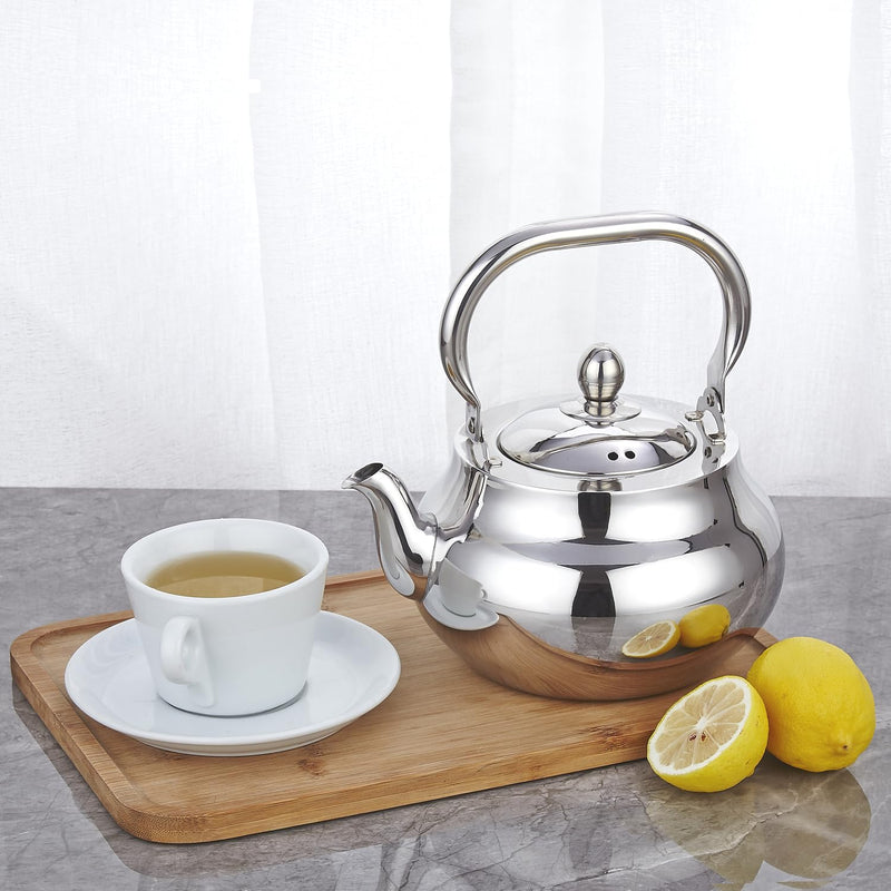 SANQIAHOME Stainless Steel Teapot With Removeable Infuser 71 oz (2000ml) Thickened Mirror Polished Stovetop Tea Maker for Herbal and Infusion 2000ml Silver(J)