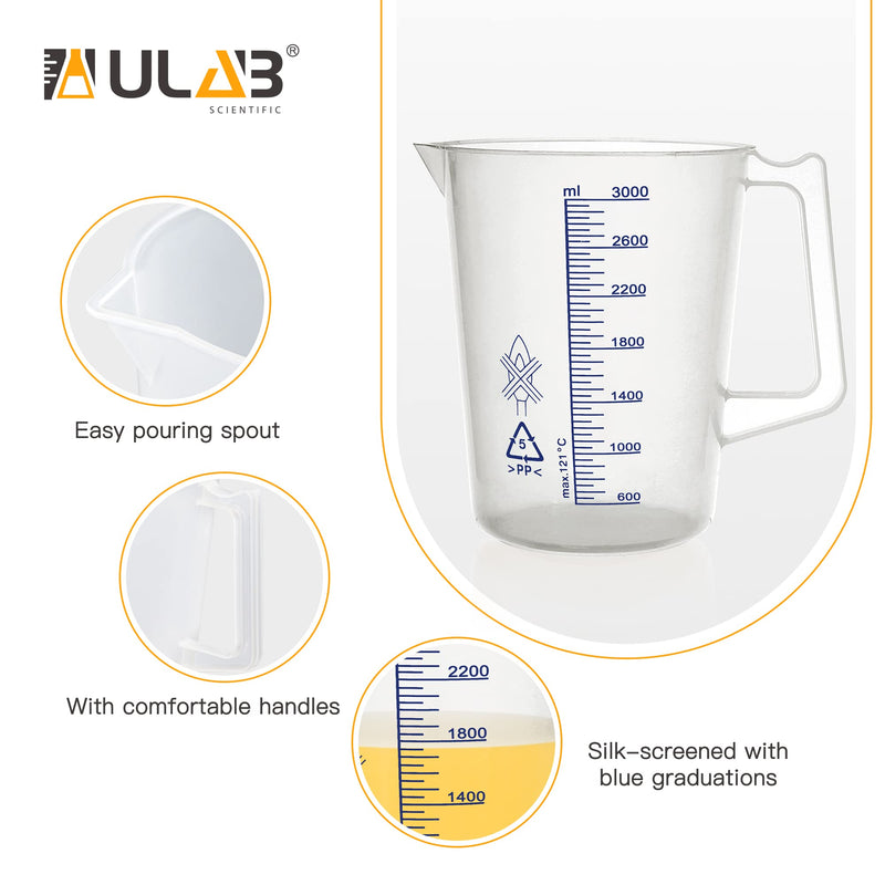 ULAB Scientific Beakers, Plastic Beakers with Handle, Printed Graduation in Blue, Vol. 3000ml(101oz), UBP1019 Vol.3000ml with handle,blue printed graduation
