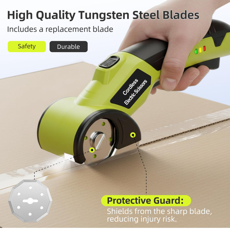 Cordless Electric Cutter, 4V Rechargeable Scissors Box Cutter with 2 Rotary Blades, USB Cable,Storage Bag, Safety Lock & LED Light, For Cardboard, Fabric, Plastic, Leather, Carpet, Packaging, DIY