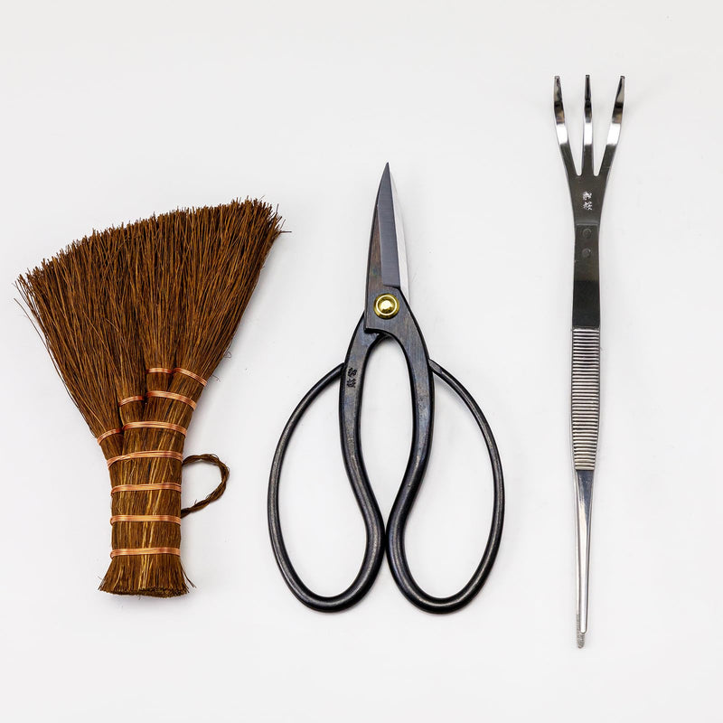 Wazakura Japanese Bonsai Garden 3PCS Tool Starter Kit, Made in Japan, Traditional Bonsai Scissors, Stainless Tweezers with Rake, Chinese Broom. Beginner Set wit Tweezers, Shears and Brush 3PCS Bonsai Set with Bonsai Scissors