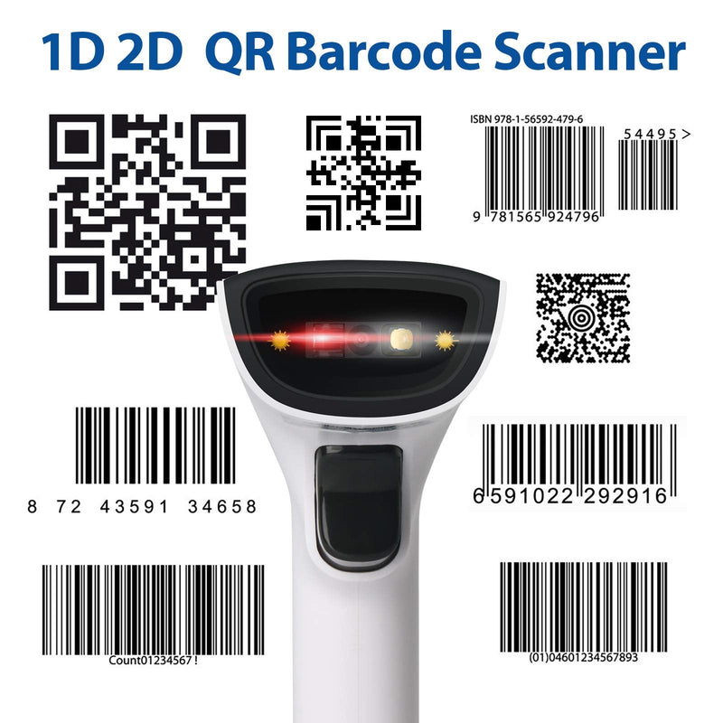 Sumicor 2D Barcode Scanner, White Black Handheld Bar Code Scanner 3 in 1 USB Wired & 2.4G Wireless & Bluetooth QR Code Micro PDF417 1D Barcode Scanner with Vibration