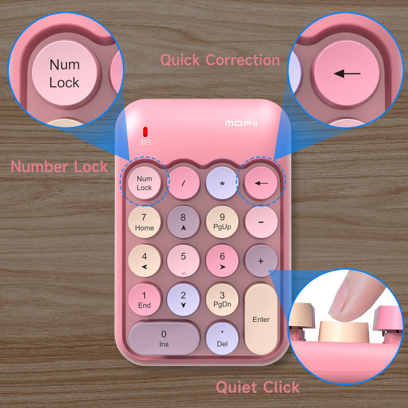 MOFII Wireless Number Pads - Pink Numeric Keypad 18 Keys USB 2.4G Round Keycap Colorful Extensions Keypads, Financial Accounting Portable Numpad 10 Key for Laptop/PC/Notebook/Surface Pro