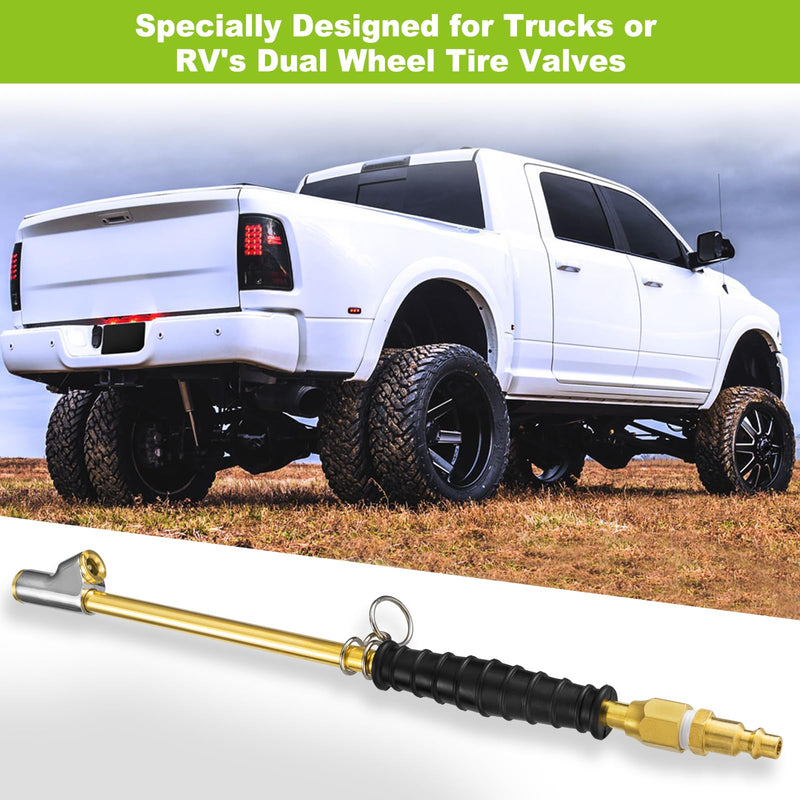 Spurtar 12" Extended Dually Locking Air Chuck for Tires,1/4" FNPT Air Compressor Attachments with Rubber Handle, 2-Way Brass Tire Inflator - Quick Connect Plug as Semi Truck, RV, Truck Accessories 1 Pc
