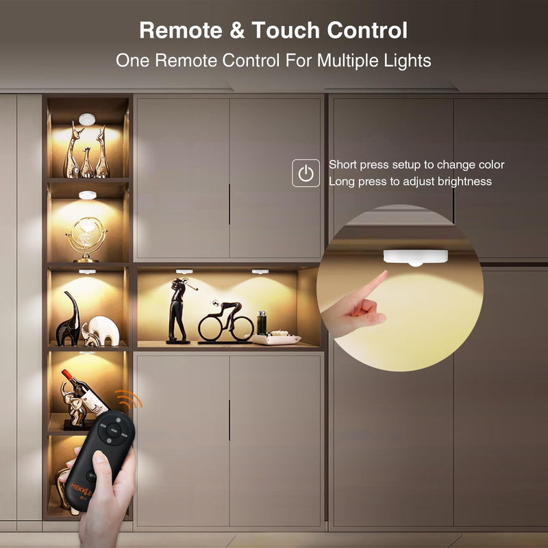 Puck Lights with Remote Control Rechargeable,Wireless Under Cabinet Lighting,2000mAh Battery Operated Tap Push Touch Light,Stick On Lights for Counter,Shelf,Bookcase (White, 5 Pcs) 5 PACK White