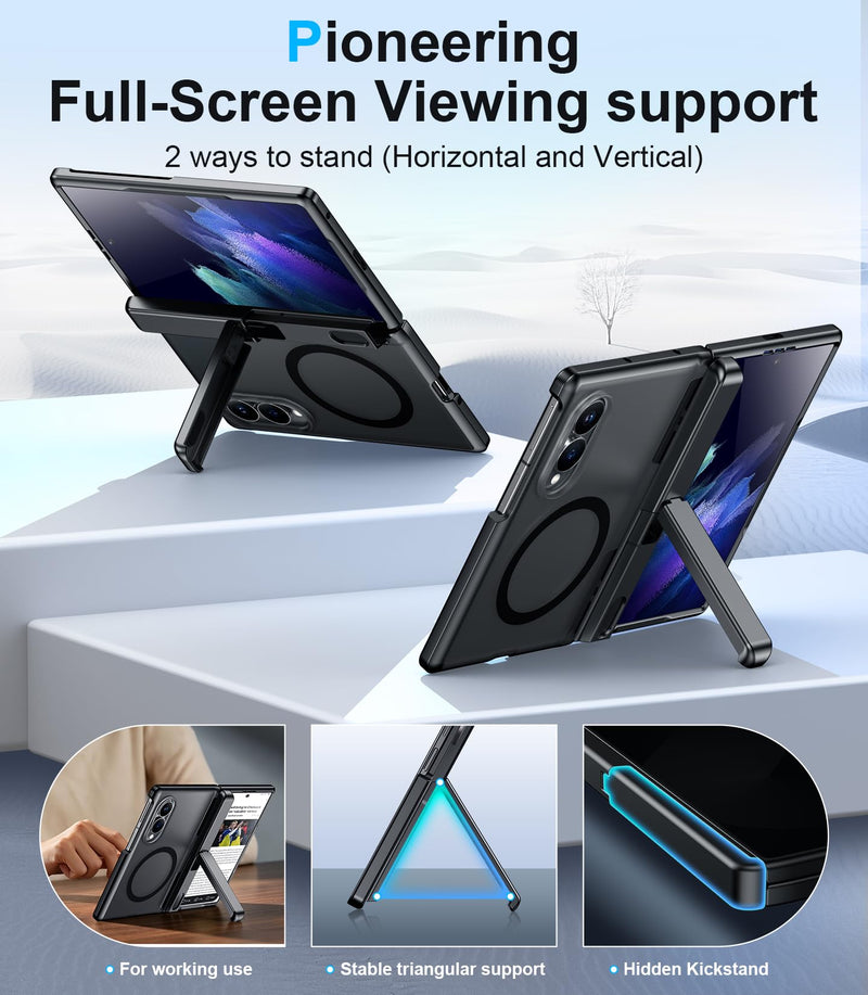 for Samsung Galaxy Z Fold 8 Case,[Compatible with MagSafe][Built-in HD Screen Protector & Kickstand][Hinge Protection] Translucent Matte Full-Body Shockproof Phone Case for Z Fold 8 Wide,Black Black