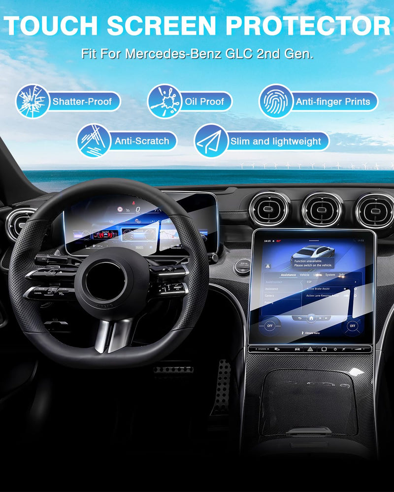 Karltys 2 Pack Tempered Glass Screen Protector for 2023 2024 Mercedes Benz GLC 300/22-24 W206 C300 Accessories, 11.9 Inch Touch Screen & 12.3 Inch Instrument Cluster Screen Cover, Anti Fingerprint Mercedes Benz GLC Class