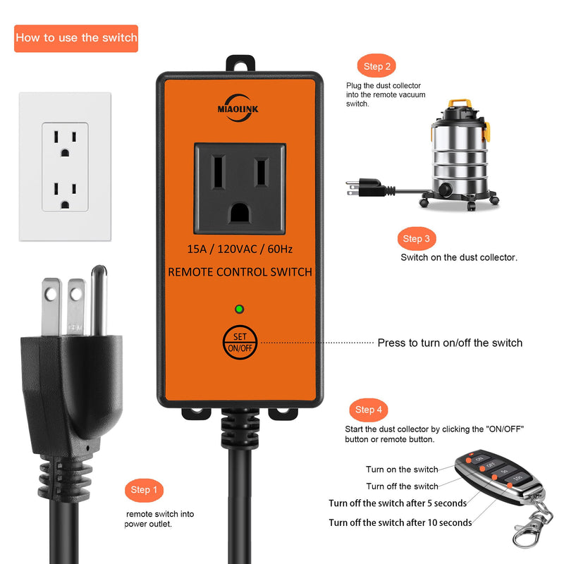 120v Automatic Remote Vacuum Switch, Wireless Dust Collector Starter Outlet for Power Tools, 5s/10s Delay Off Switch(Battery Included) 120V