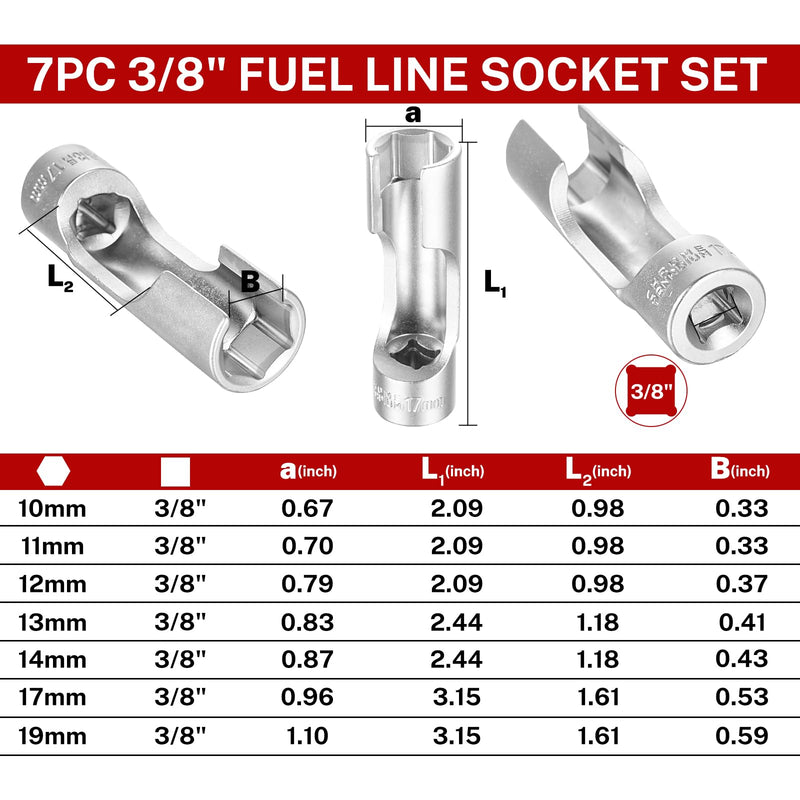 BILITOOLS Diesel Injector Fuel Line Socket Wrench Set, 3/8" Drive 10-19mm, for Thermo Switches, EGT Sensors, and Fuel Lines, Fastener on Bent Pipes, CRV