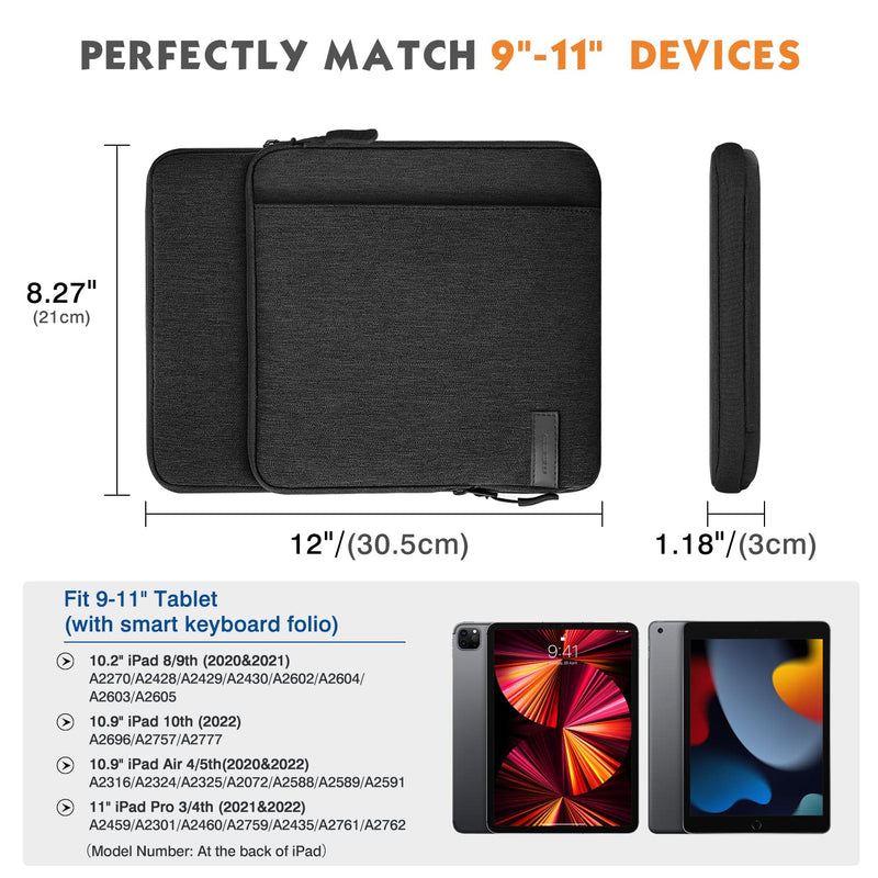 MoKo 9-11 Inch Tablet Sleeve Bag Carrying Case with Storage Pockets Fits New 11-inch iPad Pro M4/iPad Air M2 2024, iPad Air 5/4 10.9, iPad Pro 11, iPad 10/9/8th 10.9/10.2, Tab S8/S9 11,Black & Gray Black & Gray