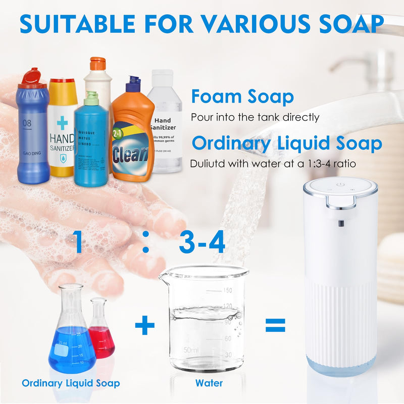 2 Pack Automatic Soap Dispenser Touchless, Rechargeable Foaming Hand Soap Dispenser, 4-Level Adjustable Foam for Bathroom Countertop, Electric (White) White