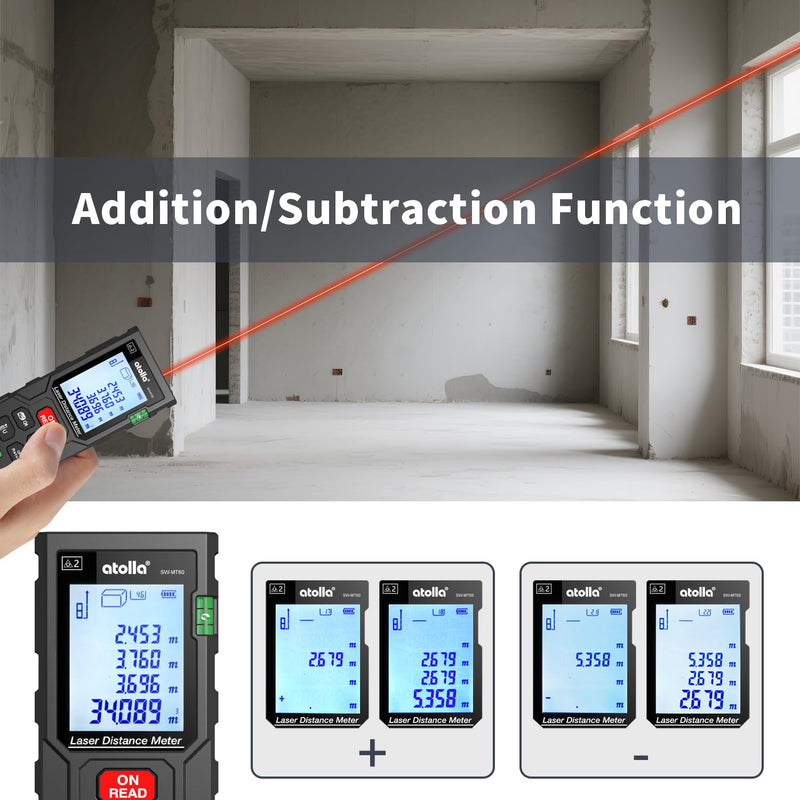 atolla Laser Measure, Digital Laser Distance Meter with 2 Bubble Levels,Portable M/in/Ft Unit Switching Backlit LCD, Measuring Distance/Area/Volume/Pythagorean and Waterproof IP54 (Red Laser) 196 Ft
