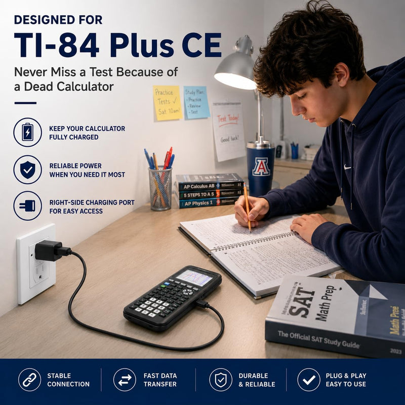 TI-84 Plus CE Charger Cable, USB-A to Mini USB Charge & Sync | Reliable USB-A to Mini USB Charge & Sync cable for TI-84 Plus CE calculators.
