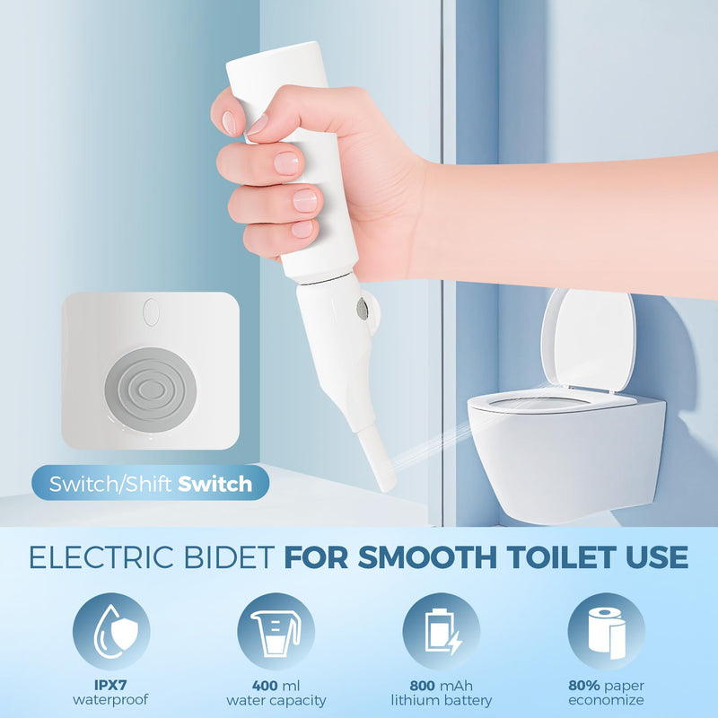 Portable Electric Bidet for Travel, Rechargeable Handheld Bidet with 3 Water High Pressure Sprayer Levels, Adjustable Nozzle, IPX7 Waterproof, Perfect for Personal Hygiene, White Portable Bidet