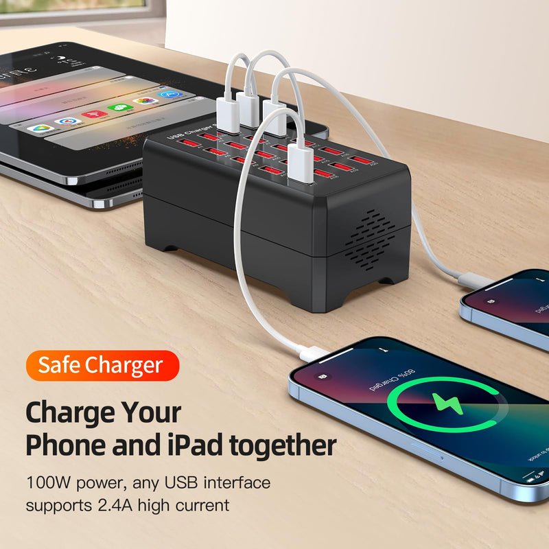 100W 20-Port USB Charging Station for Multiple Devices | USB Charging Hub Compatible with iPhone, Android Tablet and More-Desktop Charger for Home, Office & Entrepreneur