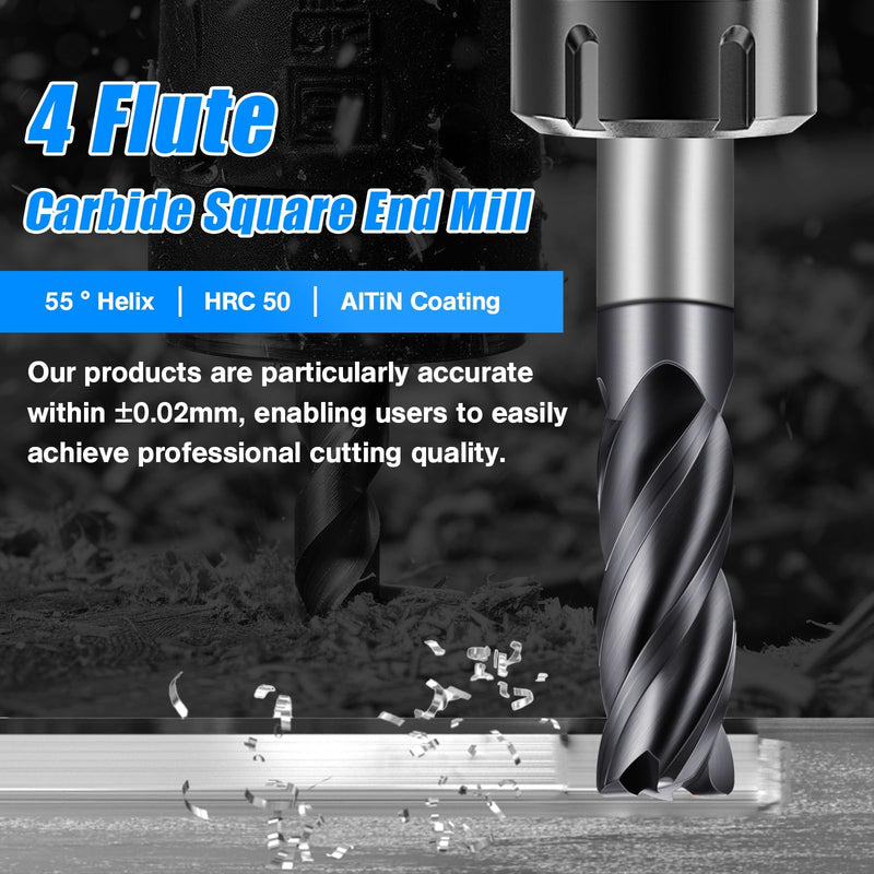 4PCS Micrograin Carbide Square End Mill Set- 4 Flute 4T 1/8" 3/16" 1/4" 3/8" End Mills for Alloy Steels, Hardened Steel, Metal, and Multipurpose Milling - Precision Tool Kit for DIY & Professional Use 1/8" 3/16" 1/4" 3/8"