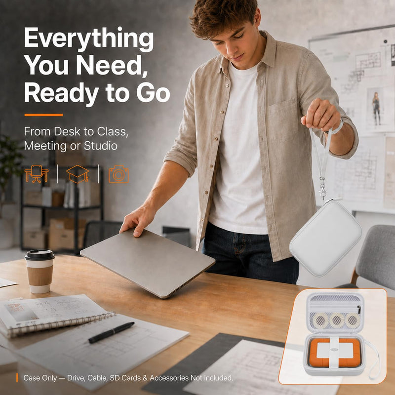 Hard Drive Case for LaCie Rugged Mini USB-C 1TB-5TB,Cable Storage White | Secure Elastic Hold-down,Divided Cable Storage and Wrist Strap for Photographers,Creators,Office and Travel,Case Only