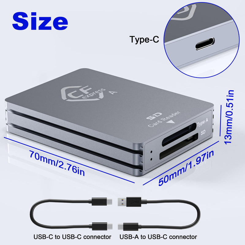 CFexpress Type A/SD Dual Slot Card Reader USB C, 10Gpbs USB3.2 Gen 2, Compatible with CFexpress Type A Card/SD Memory Card, Aluminum CFexpress Memory Card Adapter with USB C to USB C/USB A Cable